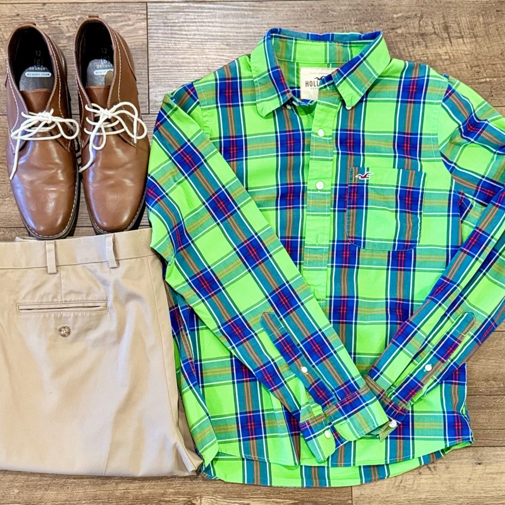 2010 Hollister Green and Blue Plaid Shirt